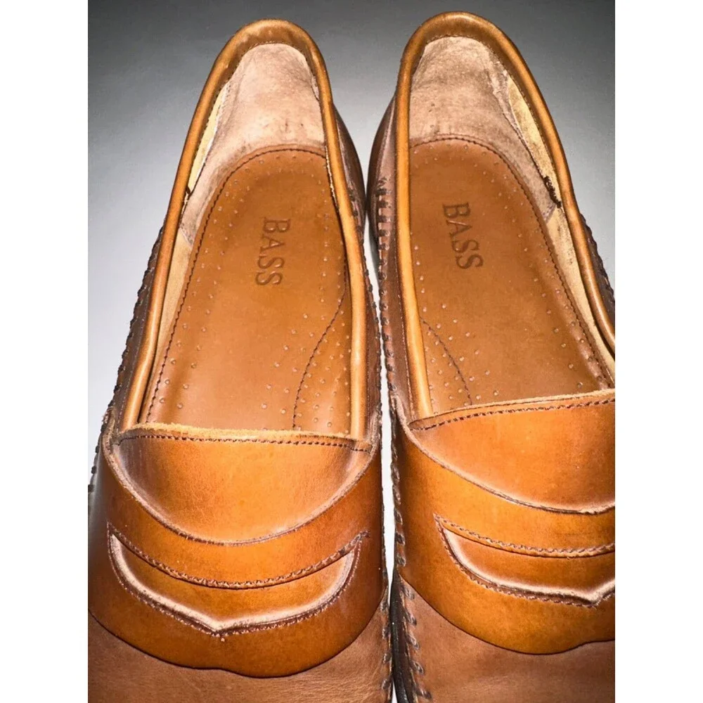 Bass Mens Reiss Size 8.5M Brown British Tan Leather Moc Penny Loafer Shoes Dress